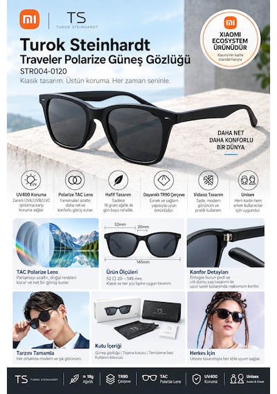 Xiaomi Ts Traveler Polarize Güneş Gözlüğü Uv400 Tr90 Tac Lens Siyah Çerçeve Unisex Uva Ve Uvb Koruma Str004-0120