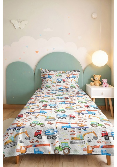 Evimde Bambaşka İş Makinesi Mavi Erkek Çocuk Pike Takımı - Renkli Araç Temalı Bebek Odası Yatak Örtüsü - 160x220  CM