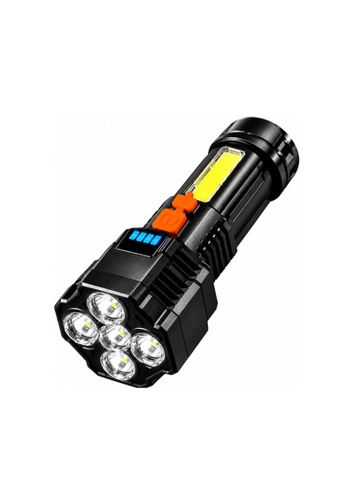 5 Led + Cob Süper Parlak Şarjlı El Feneri 14 Cm 4 Modlu, Güçlü Işık, Usb Şarjlı, Kamp, Av, Balıkçılık, Karavan, Acil Durum, Tamir, Araç, Yürüyüş Ve Outdoor Kullanımına Uygun Siyah