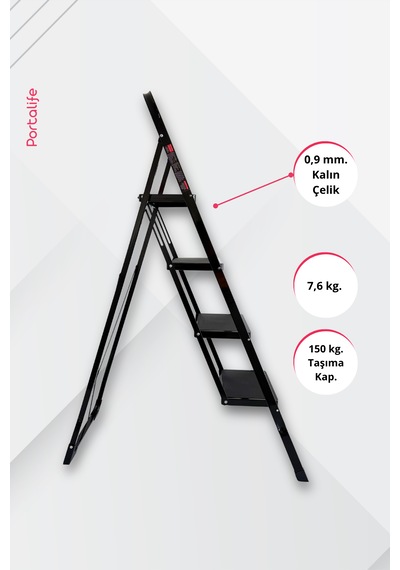 4 Basamaklı Siyah Çelik Merdiven - Ekstra Güçlü Gövde - Kalın Profil