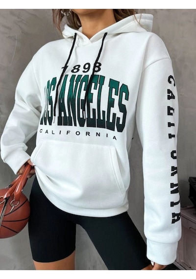 Altamira Unisex Beyaz Los Angeles Kol Baskılı Kapşonlu Oversize Sweatshirt 001