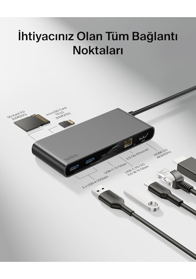 Belkin Connect 8 Portlu Usb-c Hub, 4k 60hz'100 W Pd, 10 Gbps Veri Aktarım Hızı Ve 2,5 Gbps Ethernet - Gri