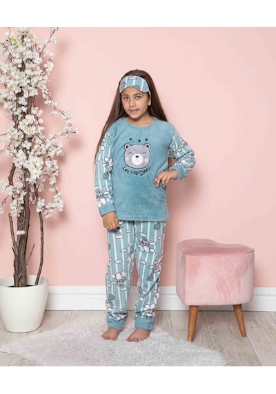 Tarık Kız Çocuk Uzun Kollu Garson Boy Polar Kışlık Pijama Takımı Turkuaz