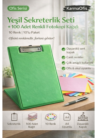 Yeşil Sekreterlik Seti + 100 Adet Renkli A4 Fotokopi Kağıdı Dayanıklı Kapak, Çok Amaçlı Kullanım