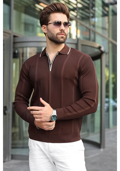 Madmext Kahverengi Polo Yaka Yarım Fermuarlı Fitilli Erkek Triko Kazak E7515