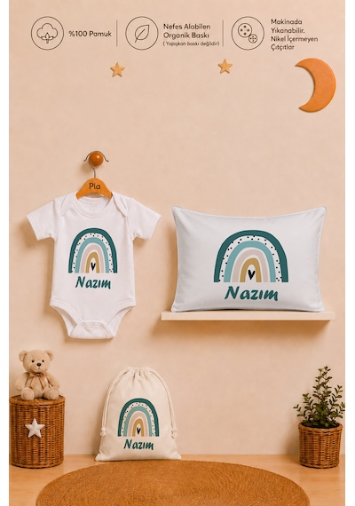 Pia Baby İsimli Erkek Bebek Hediye Seti %100 Pamuk Organik Baskılı Body Yastık Kılıfı Ve Ham Bez Bebek Kıyafet Kesesi 1092byk3x Ekru