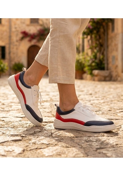 Twoegoist Kadın Hakiki Deri Spor Ayakkabı / Sneakers Beyaz - Lacivert - Kırmızı