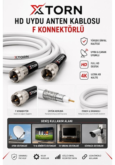 Torn Hd Uydu Anten Kablosu 15 Metre F Konnektörlü Full Hd 4k Tv Kablosu