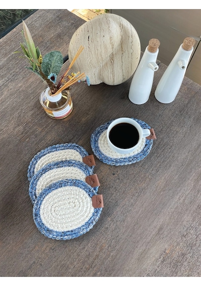 4 Adet Yuvarlak Bardak Altlığı- Leke Tutmaz- Mavi-beyaz 13x13 Cm Beyaz - Mavi
