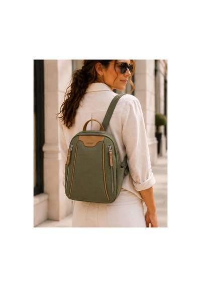 Just Polo Kadın Günlük Kullanıma Uygun Çok Bölmeli Sırt Çantası Ebat : 25 X 30 Cm Shopper Yeşil - Camel