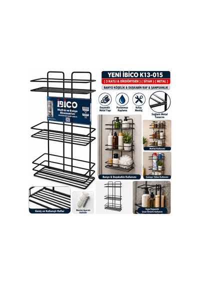 K13-015 3 Katlı & Dikdörtgen Siyah Metal Banyo Köşelik & Duşkabin Raf & Şampuanlık 12'li Paket