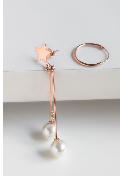 Papatya Silver 925 Ayar Gümüş Rose Kaplama Sallantılı Yıldızlı İnci Küpe ve Halka Küpe