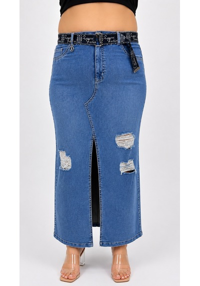 Büyük Beden Denim Kemerli Yırtmaçlı Kalem Etek Mavi