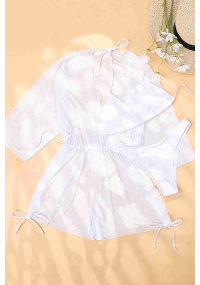 Angelsin Şifon Pareo Plaj Elbesi Cover Up Kimono Beyaz 001