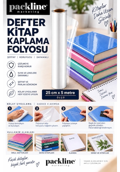 Packline Marketing Şeffaf Kendinden Yapışkanlı Defter Kitap Kaplama Folyosu 25cm X 5metre