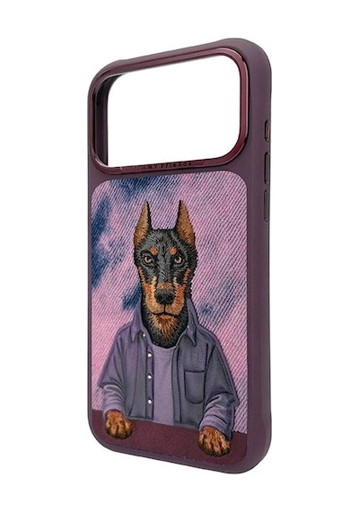 Magsafe İphone 18 Pro Uyumlu Kılıf Gerçek Nakış İşlemeli Doberman Desenli - Vişne