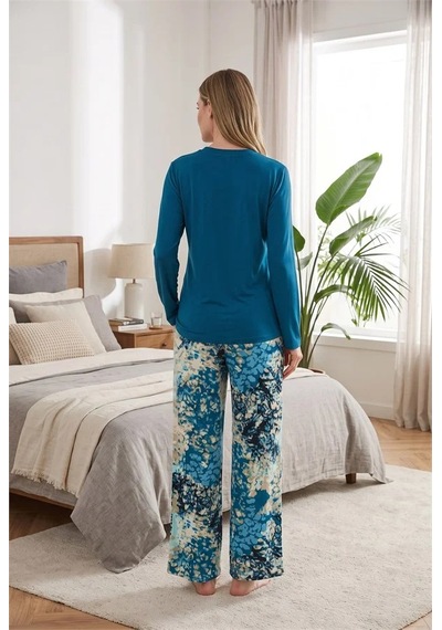 Go İthalat Kadın Şık Tasarım Desenli Geniş Paçalı Yumuşak Dokulu Viskon Kumaş 2'li Pijama Takımı mavi