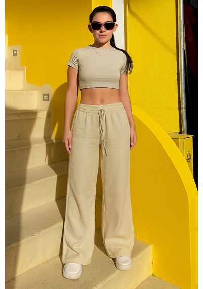 Trendy Mall Sofya Keten Bol Kesim Pantolon Bej Bej