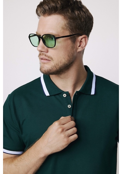 Tudors Erkek Polo Yaka Slim Fit Yaka Ve Kol Şeritli Yeşil Pike Tişört-27872-Yeşil