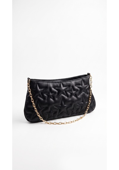 Esvelans Yıldız Desenli Zincir Askılı Portföy El Kol Ve Omuz Çantası Astarlı Clutch Çanta Siyah