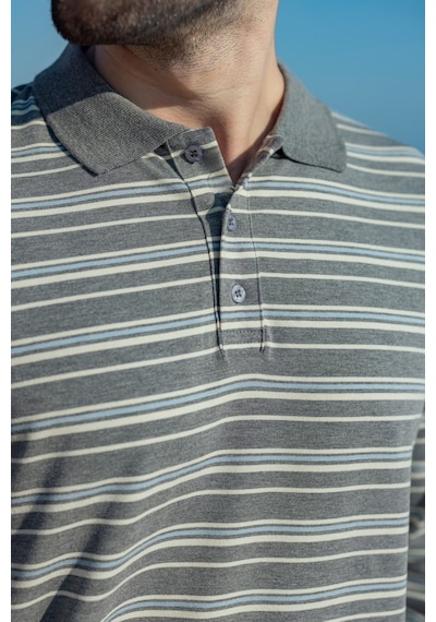 Madmext Gri Regular Fit Çizgili Polo Yaka Erkek Tişört E7192