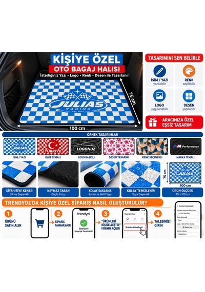 Kişiye Özel Baskılı Oto Bagaj Halısı 75x100 Cm İsim, Logo, Yazı Ve Desen Tasarımlı Kaymaz Tabanlı Bagaj Paspası 100cm-75cm
