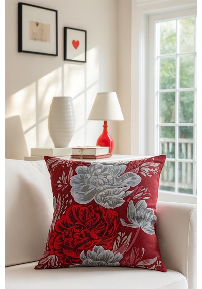 Çiçekli Kırlent Kılıfı Kırmızı 43x43 Kırmızı