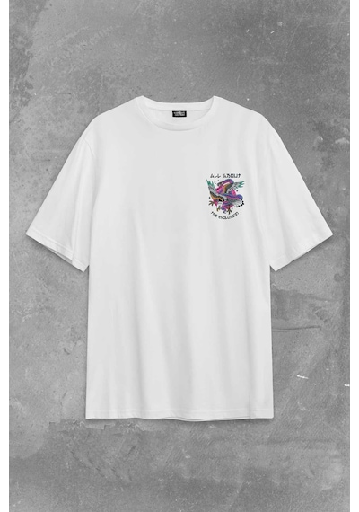 All About The Evolution Eagle And Snake Kartal Ve Yılan Baskılı Oversize Beyaz T-shirt 001
