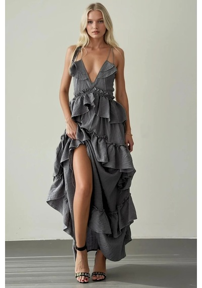 Fashion Cocktail İp Bağlama Askılı Fırfırlı Hacimli Dalgalı Hareketli Yırtmaçsız Maxi Uzun Yazlık Sahil Tatil Elbise Gri