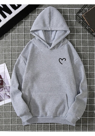 Yarım Kalp Sweatshirt - Gri Baskılı Oversize Kapüşonlu Gri