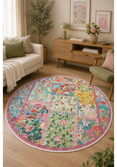 Peace Dijital Kaymaz Yıkanabilir Renkli Yuvarlak Salon Halısı Çocuk Halısı 140 X 140 Cm Çok Renkli
