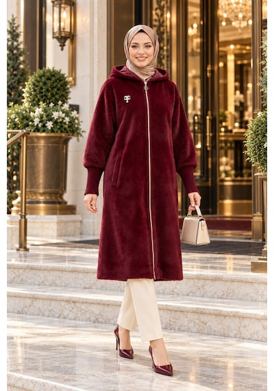 Hb Harma Time Butik Kadın Fermuarlı Kapüşonlu Angora Bordo Kürk Kaban Bordo Bordo
