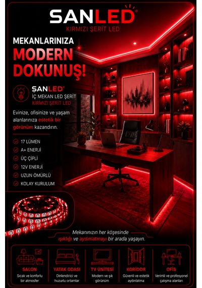 3 Çipli Şerit Led Kırmızı Renk 12v 5 Metre