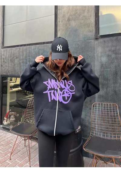 Paradise Oversize Zip-up Graffiti Hoodie - Full Face Zip Gri