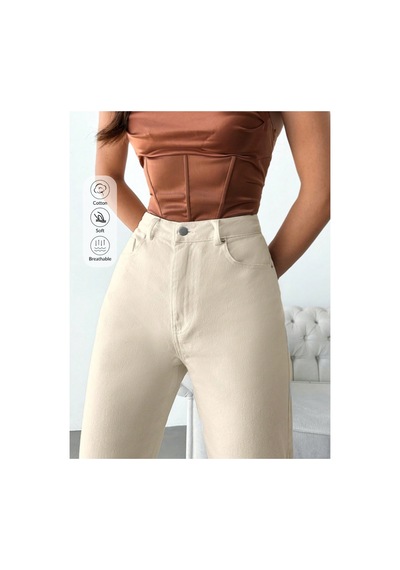 Kene Jeans Yüksek Bel Taş Keten Mom Pantolon Taş