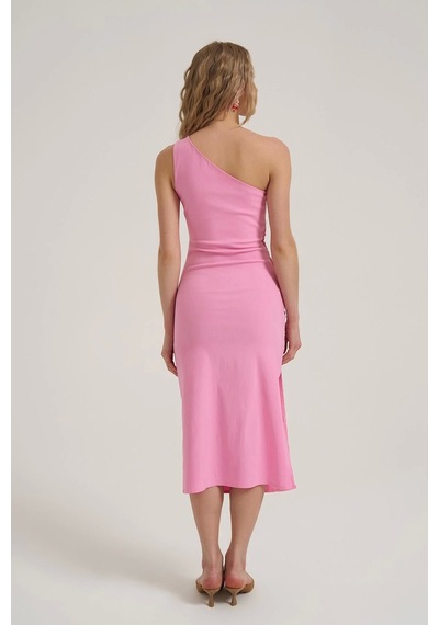 Quzu Yırtmaç Ve Büzgülü Elbise Pembe Pembe