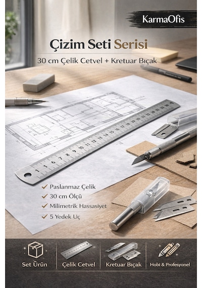 30 Cm Çelik Cetvel Ve Kretuar Bıçak Seti Çizim Seti Mimari Maket Hobi Kesim
