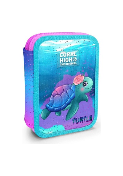Coral High Kids Açık Pembe Mavi Kaplumbağa Desenli Çift Katlı Kalem Çanta 11134 Çok Renkli