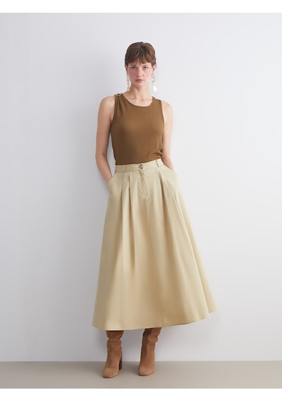 Lcwaıkıkı Classic Bej Standart Fit Poplin Pileli Etek