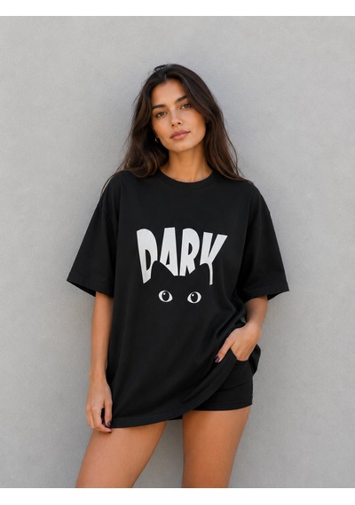 Montree Kedi Dark Baskılı Oversize %100 Pamuk Premium Tişört Siyah