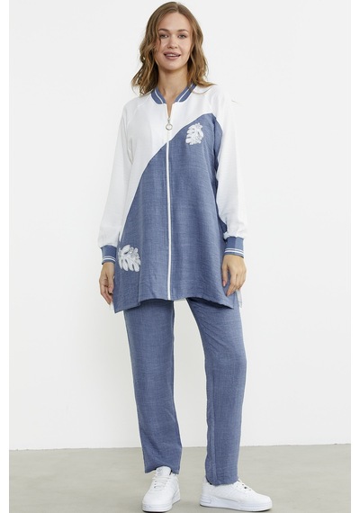 Sementa Fermuar Kapamalı Nakışlı Tunik Takım - Indigo Indigo