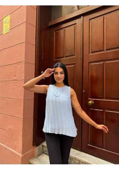 WeShaya Bebe Mavi Astarlı Pileli Kolsuz Bluz Bebe Mavi