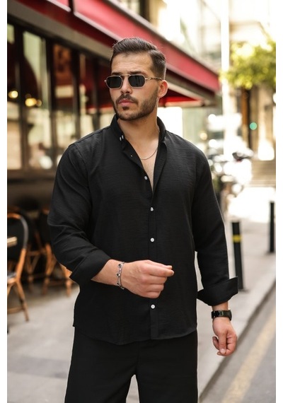 Veraura Lifestyle Erkek Uzun Kollu Beyaz Düğmeli Pera Keten Gömlek Siyah