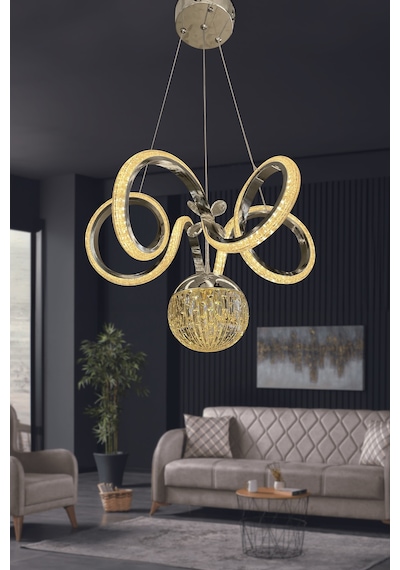 Kıvrım Tekli Kristal Top Simli Slikonlu Modern Oturma Led Avizesi - Kumandasız / Krom Krom