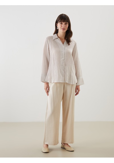 Lcw Comfort Ekru Çizgili Oversize Kadın Gömlek