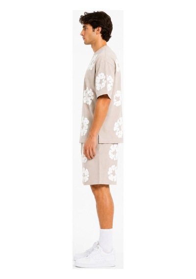 Erkek 2'li Set Baskılı Şort Tişört Takım Oversize Double Face Krem