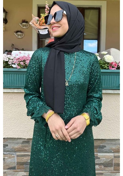 Rabia Şamlı Pırıl Zümrüt Yeşili Elbise Normal