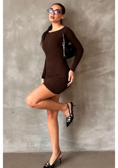 Madmext Kahverengi Madonna Yaka Mini Elbise Mg2041 Kahverengi