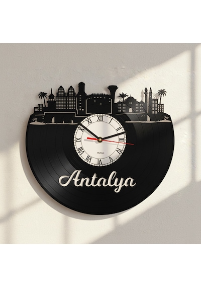 Antalya Silüetli Geri Dönüşüm El Emeği Plak Duvar Saati Siyah