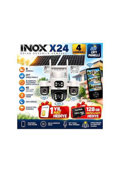 Inox X24 4g+ E-sim 3xptz Solar Kamera 4x2mp 4k Hd 16.000mah 128gb Hafıza Kartlı Paket